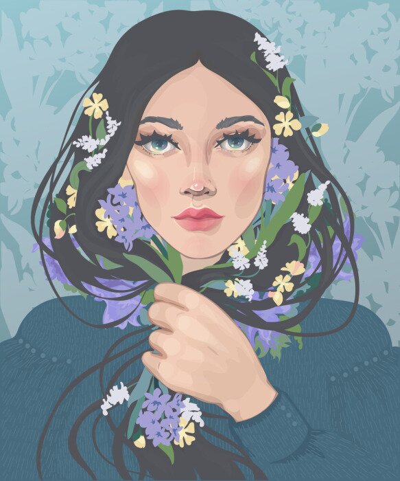 Poster  Femme brune avec des fleurs colorées dans les cheveux