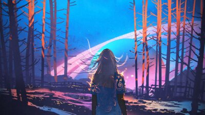 Femme debout seule dans la forêt avec fond de planètes fictives, style d'art numérique, peinture d'illustration