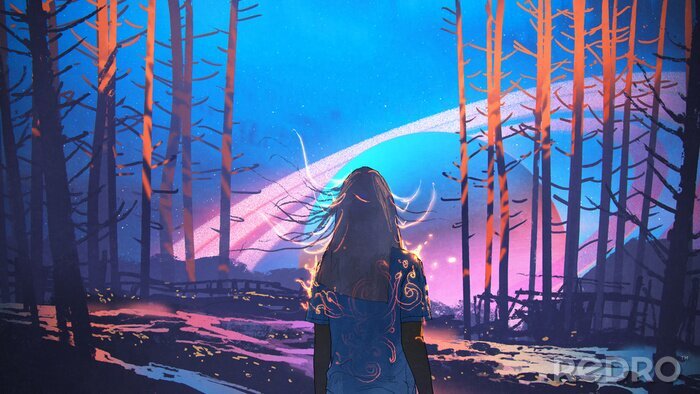 Poster  Femme debout seule dans la forêt avec fond de planètes fictives, style d'art numérique, peinture d'illustration