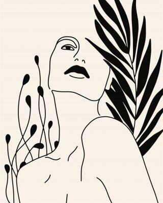 Poster  Femme et feuilles graphique minimaliste en noir