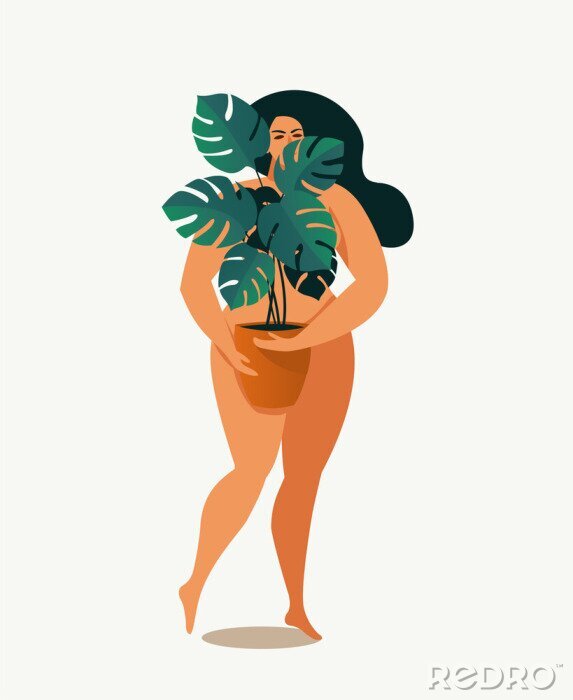 Poster  Femme nue couvrant son corps de feuilles de monstera