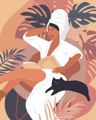Poster  Femme satisfaite avec un chat à ses côtés
