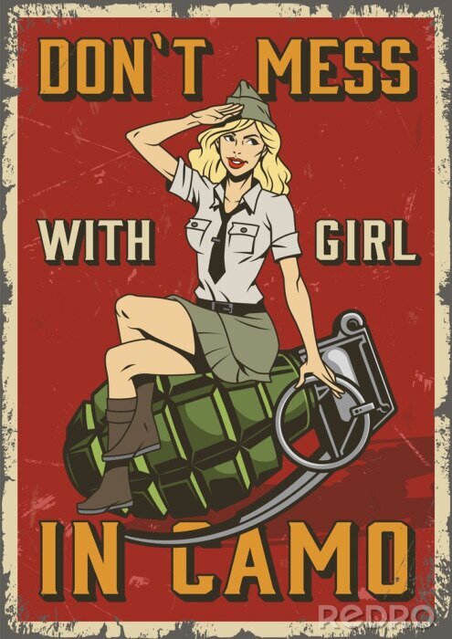Poster  Femme sur une illustration militaire vintage