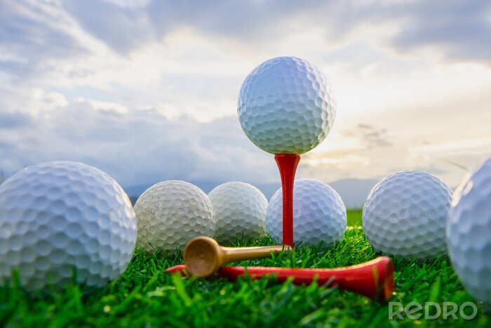Poster  fermer la balle de golf sur des piquets prêts à jouer et sur l'herbe verte dans le fond de la nature