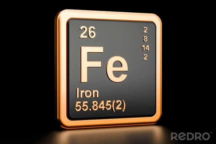 Poster  Ferrum iron Fe chemical element. 3D rendering