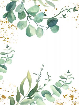Poster  Feuilles d'eucalyptus avec des gouttes de peinture dorées