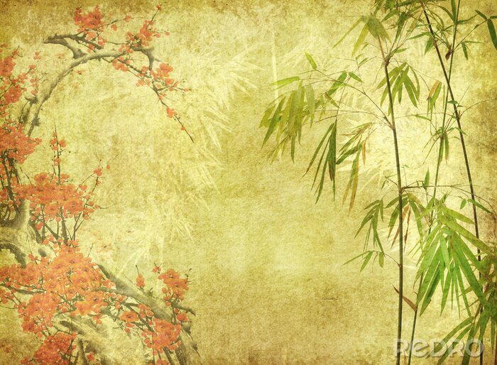 Poster  Feuilles de bambou et fleurs colorées