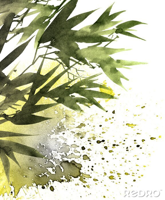 Poster  Feuilles de bambou floues avec des taches de peinture