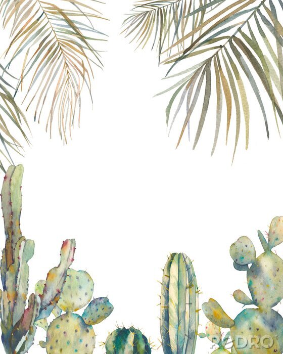 Poster  Feuilles de palmier et cactus en aquarelle