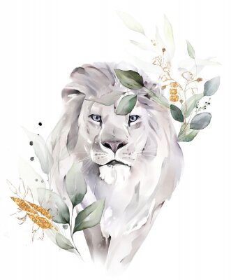 Poster  Feuilles entourant un lion aquarelle