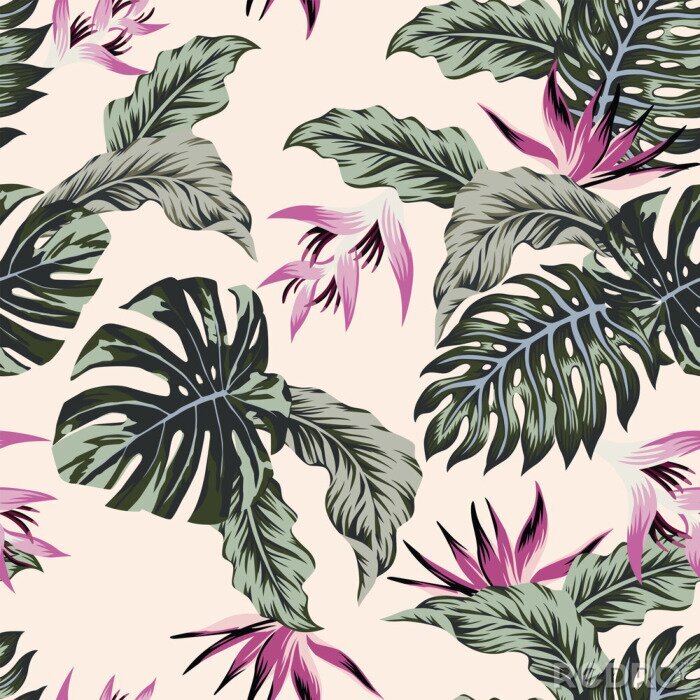 Poster  Feuilles exotiques avec des fleurs roses