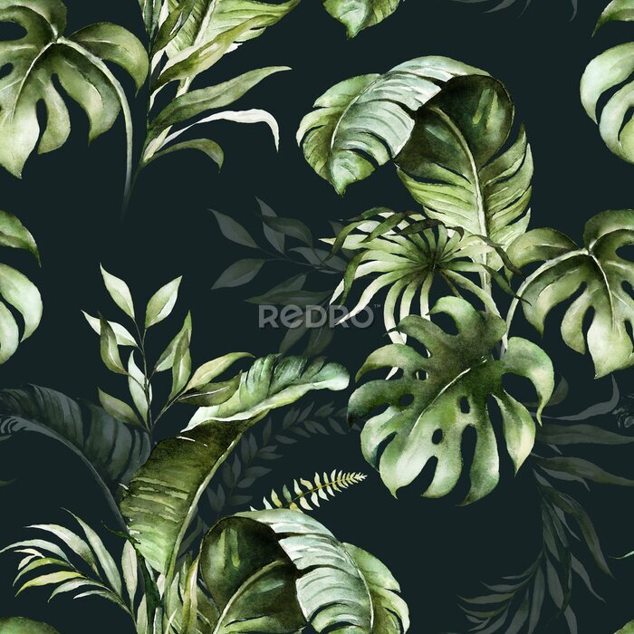 Poster  Feuilles vertes version aquarelle sur fond noir