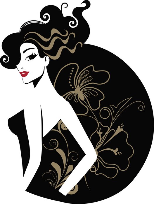 Poster  Figure d'une femme aux lèvres rouges sur fond d'un motif floral