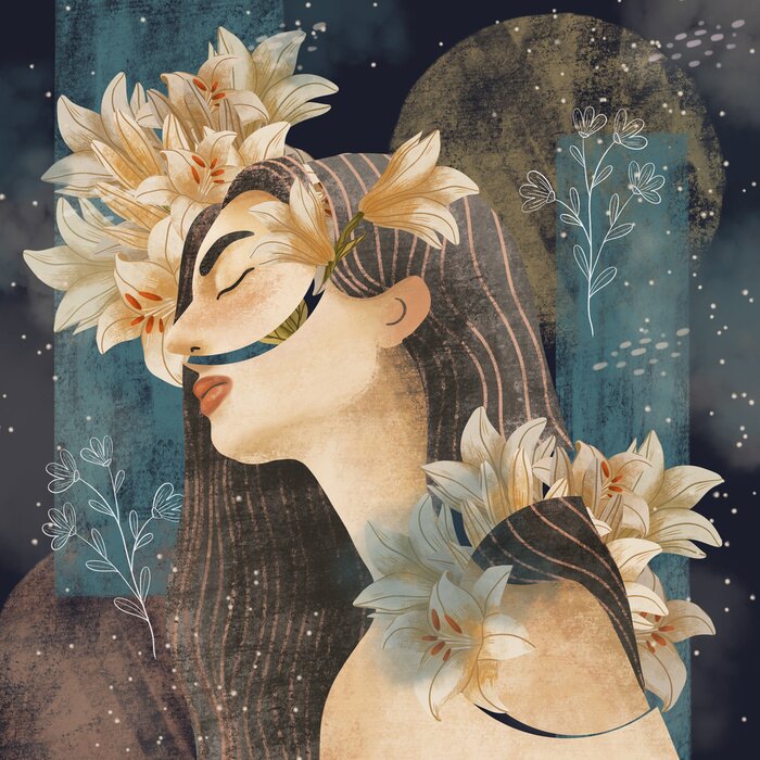 Poster  Fille avec des lys dans les cheveux