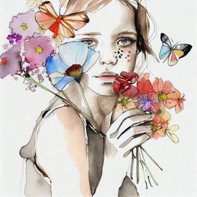 Poster  Fille avec un bouquet de fleurs sauvages