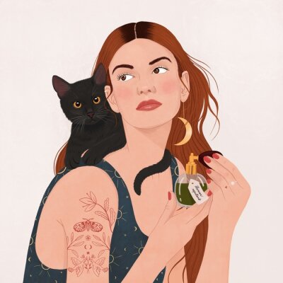 Poster  Fille avec un chat noir