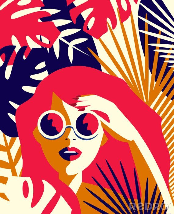 Poster  Fille dans des feuilles tropicales