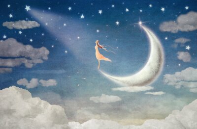 Poster  Fille sur la lune illuminée par une étoile