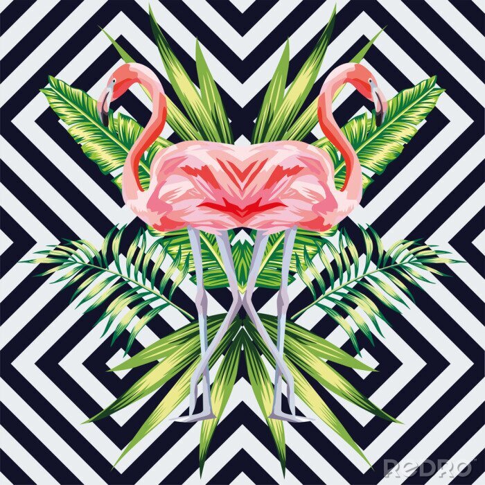 Poster  Flamant rose avec feuilles de banane tropicales style miroir