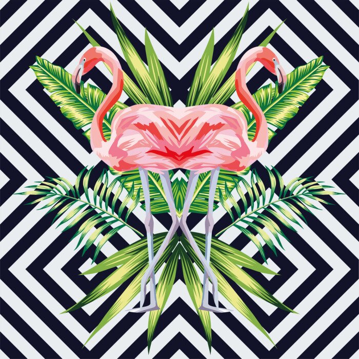Poster  Flamant rose avec feuilles de banane tropicales style miroir