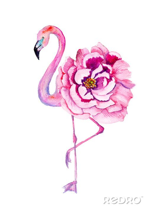Poster  Flamant rose avec une fleur exotique