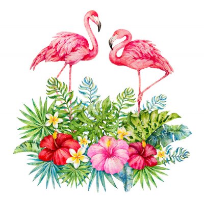 Poster  Flamants roses dans les feuilles tropicales