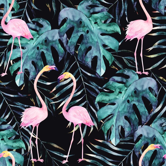 Poster  Flamants roses et feuilles de monstera sur fond noir