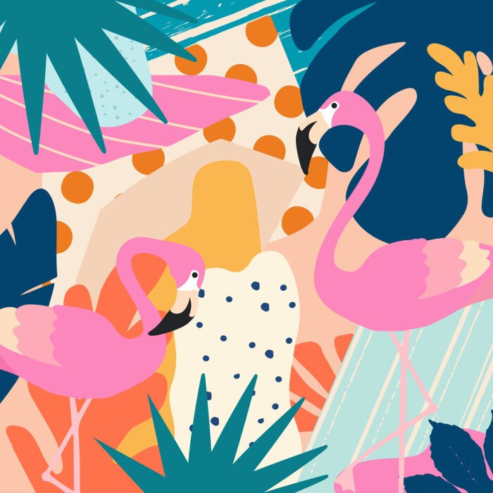 Poster  Flamants roses sur le fond d'une jungle colorée