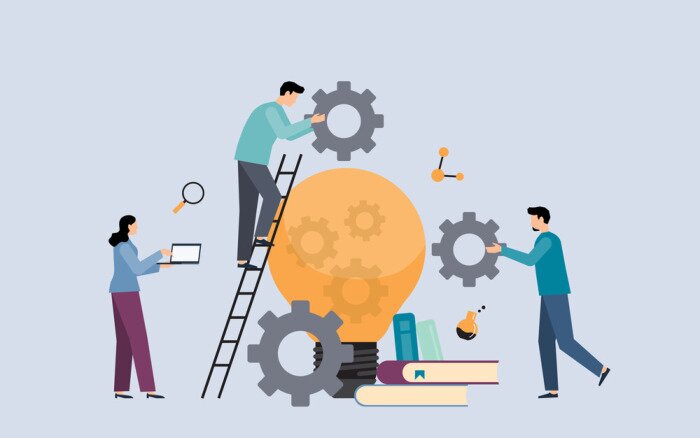 Poster  Flat Business People Meeting  learning And Maeking Idea With lightbulb concept