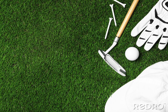 Poster  Flat lay composition with golf equipment on artificial grass, space for text