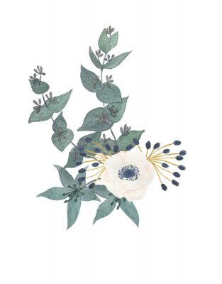 Poster  Fleur blanche basée sur des tiges aux feuilles vertes