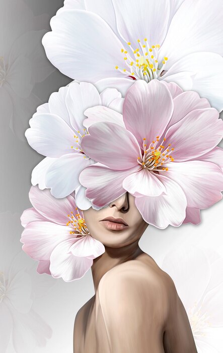 Poster  Fleurs blanches et roses couvrant le visage d'une femme