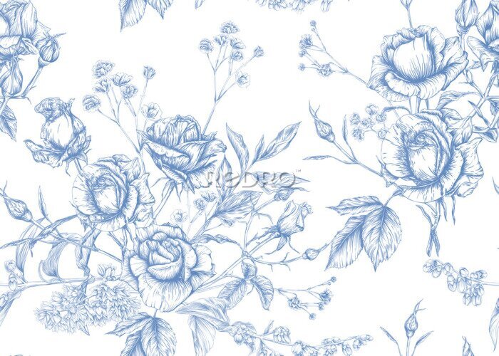 Poster  Fleurs bleues en style esquisse sur fond blanc