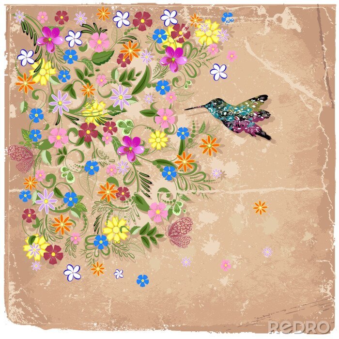 Poster  Fleurs colorées et colibri fond rétro
