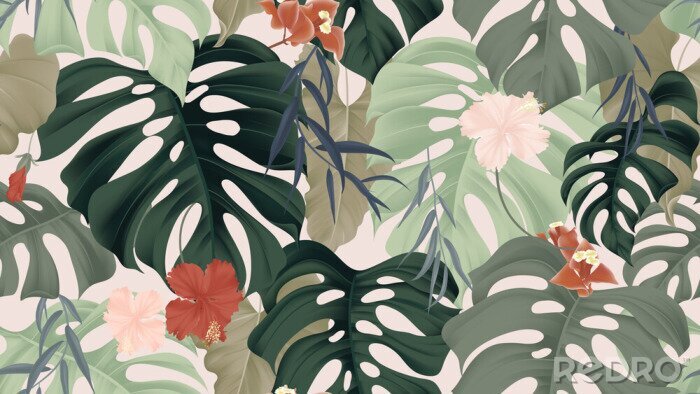 Poster  Fleurs d'hibiscus et feuilles exotiques