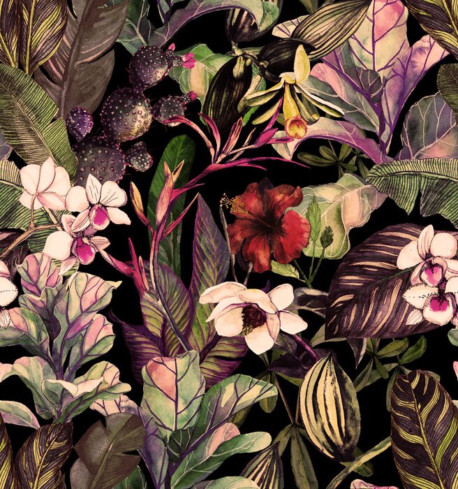 Poster  Fleurs de magnolia et feuilles tropicales