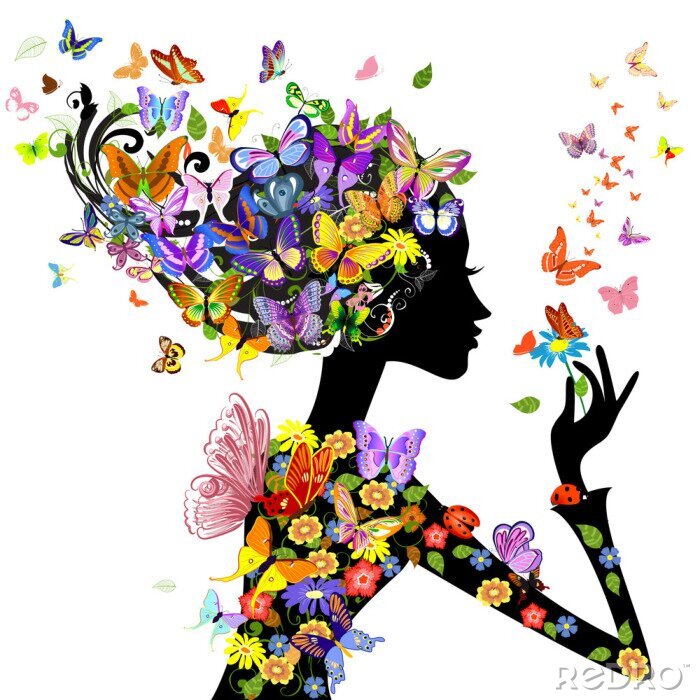 Poster  fleurs de mode de fille avec des papillons