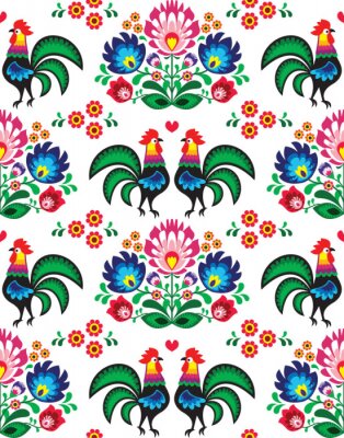Poster  Fleurs et coqs sur fond blanc dans le style de Łowicz