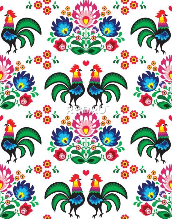 Poster  Fleurs et coqs sur fond blanc dans le style de Łowicz