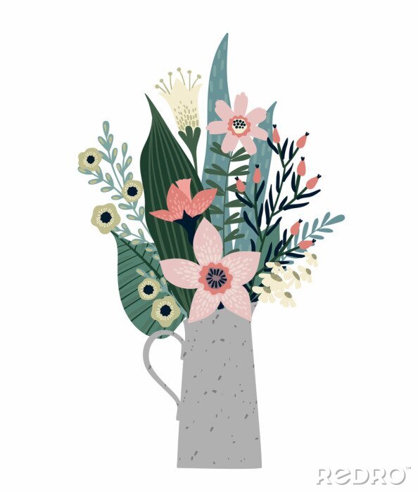 Poster  Fleurs multicolores et grandes feuilles dans un vase