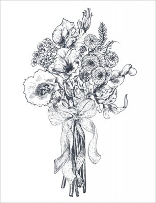 Poster  Fleurs noires et blanches en forme de bouquet