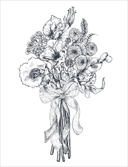 Poster  Fleurs noires et blanches en forme de bouquet