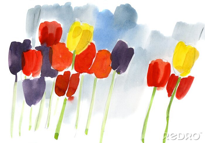 Poster  Fleurs peintes sur fond bleu