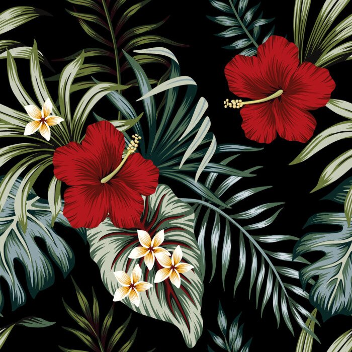 Poster  Fleurs rouges et blanches avec des feuilles tropicales