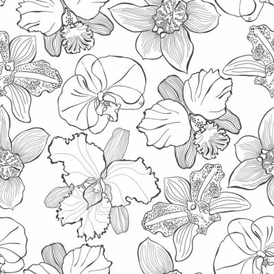 Papier peint à motif  Floral pattern sans couture avec des orchidées différentes dessinées à la main. Vector illustration en noir et blanc Dessin de contour