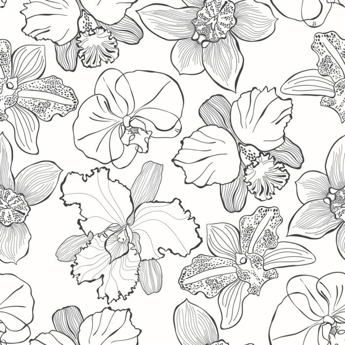 Poster  Floral pattern sans couture avec des orchidées différentes dessinées à la main. Vector illustration en noir et blanc Dessin de contour