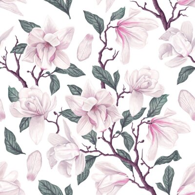 Floral seamless pattern with white Anise magnolia flowers, leaves and petals on white background. Pastel vintage theme with realistic, vector, spring flowers for fabric, prints, greeting cards.
