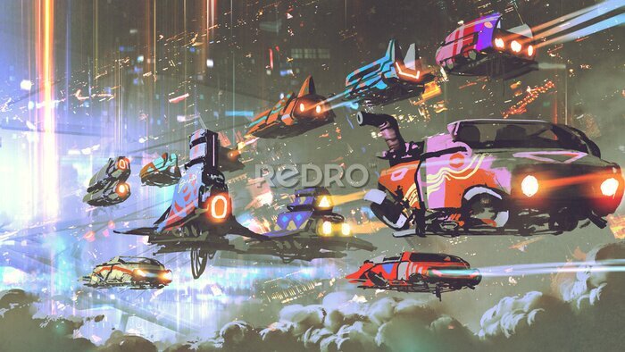 Poster  flying car traffic in the futuristic world, digital art style, illustration painting