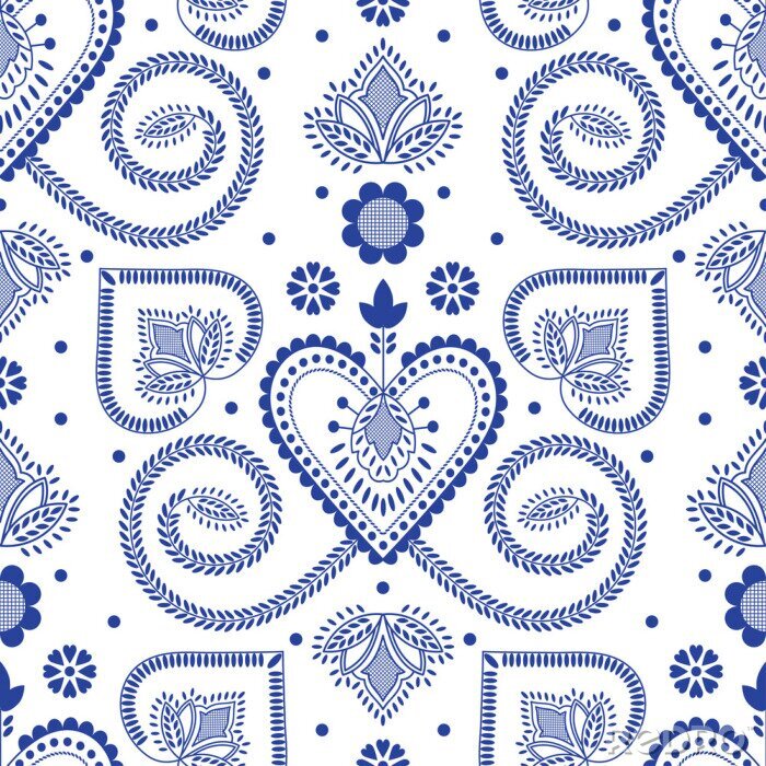 Poster  Folklore floral Nordic Scandinavian pattern vector seamless. Ethnic blue and white ornament background. Design for gift wrapping paper, holiday tablecloth fabric, party decoration or napkin print.