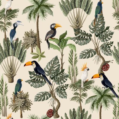 Poster  Fond de couleur gris jungle et oiseaux